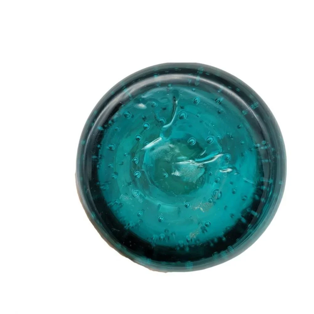 Vintage Teal Bubble Base Blown Glass Vase Narrow Mid Century Modern Smooth 8